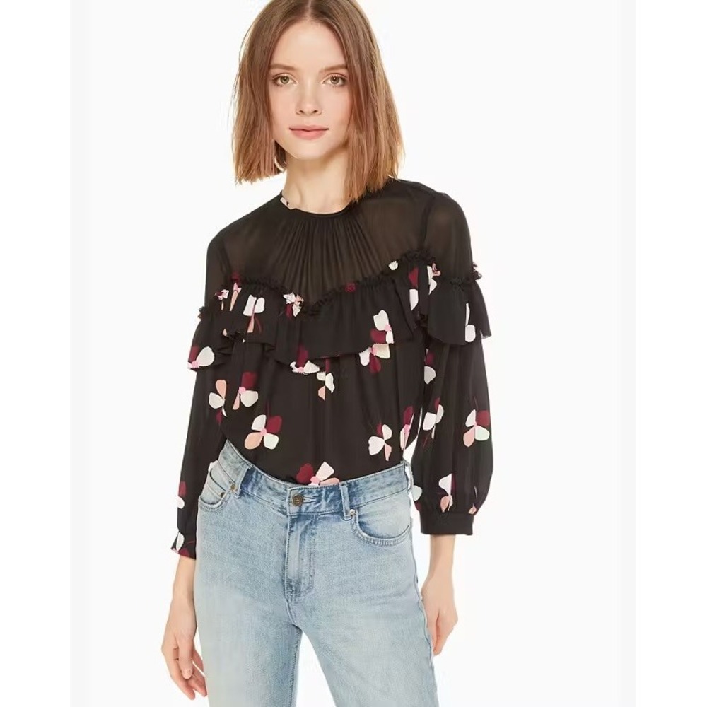 Kate Spade Dusk Buds Ruffle Top Black Floral Blouson Sleeve Sheer Chiffon Blouse